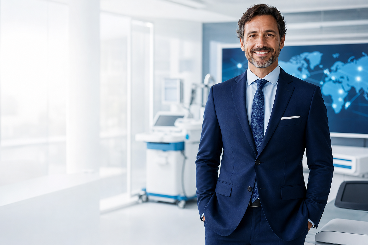 Professional medical technology partner smiling in a global clinical setting